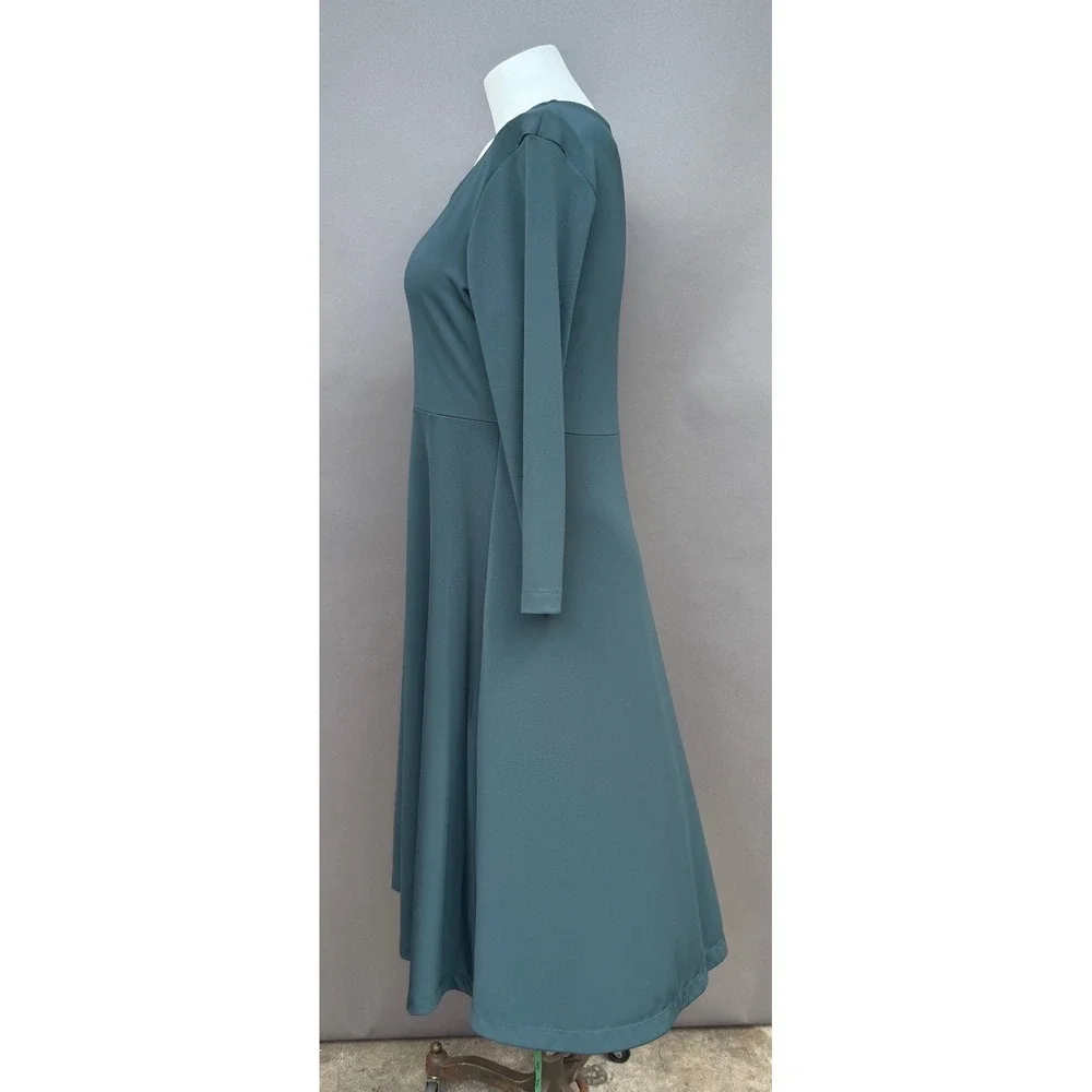 Lands End Dress Medium 10-12 Teal Green Long Sleeve Fit Flare Midi Dress